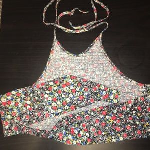 smocked floral print halter crop w/ tie back